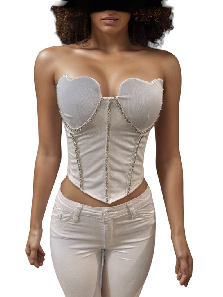Jewels Ribbed Corset White