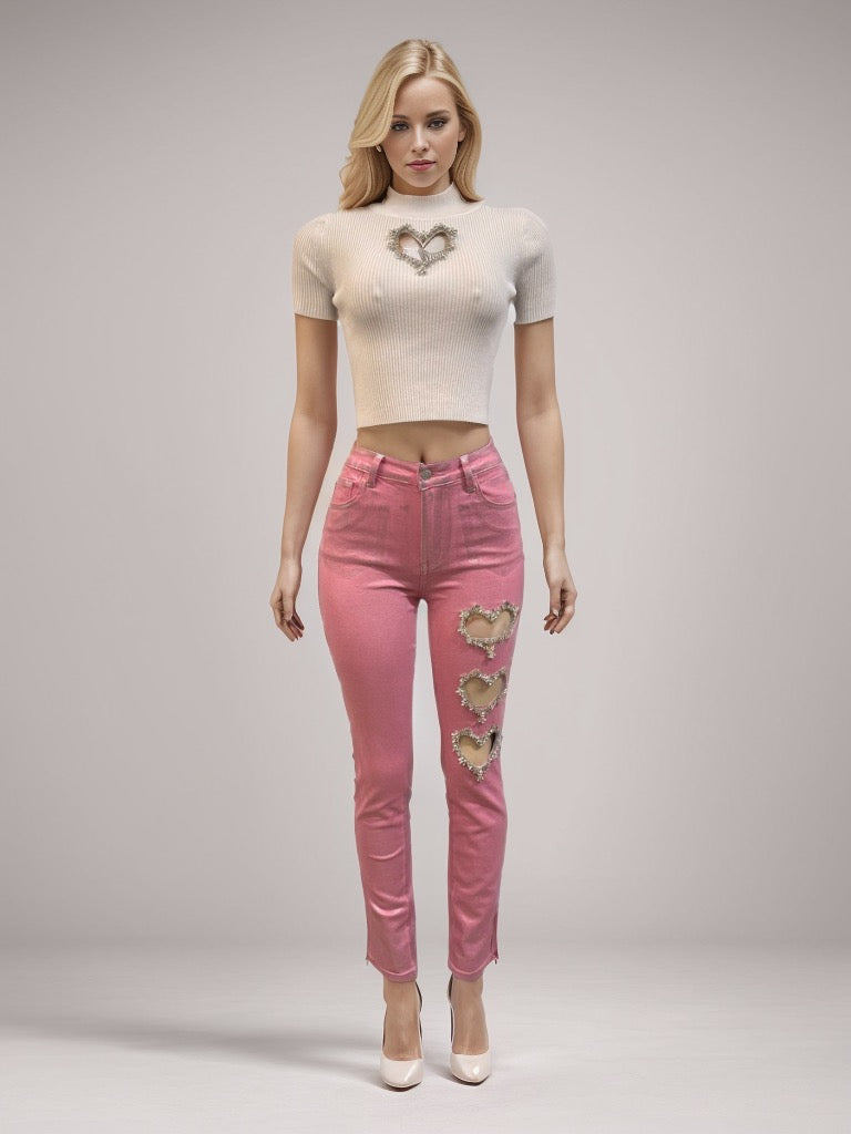 Hearts Metallic Silver Jeans Pink