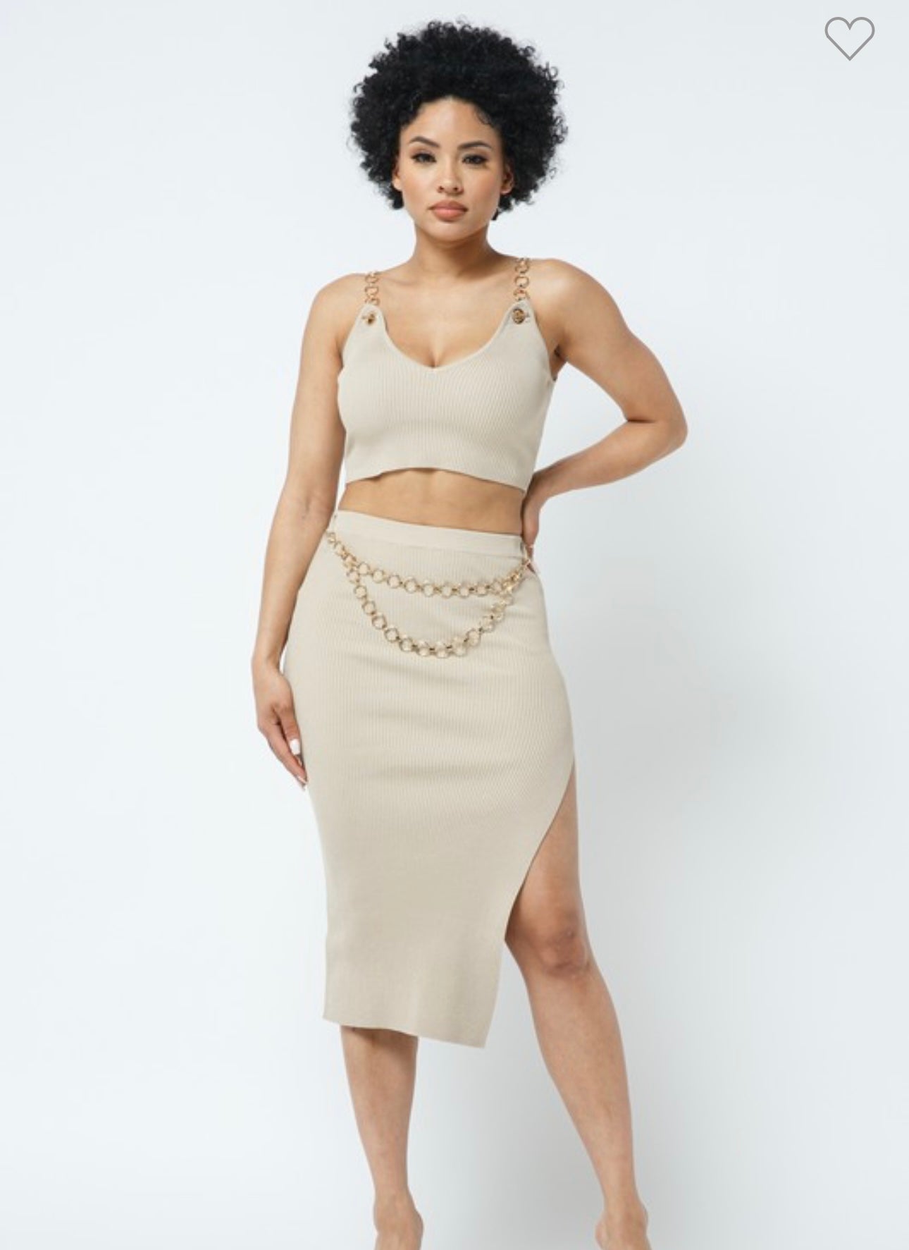 Two piece Chain Ribbed Set Beige