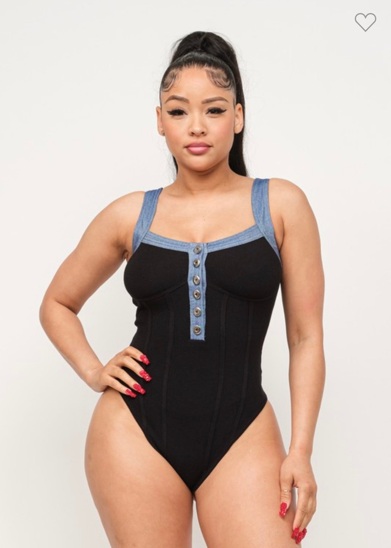 Denim Trim Body-Suit Black