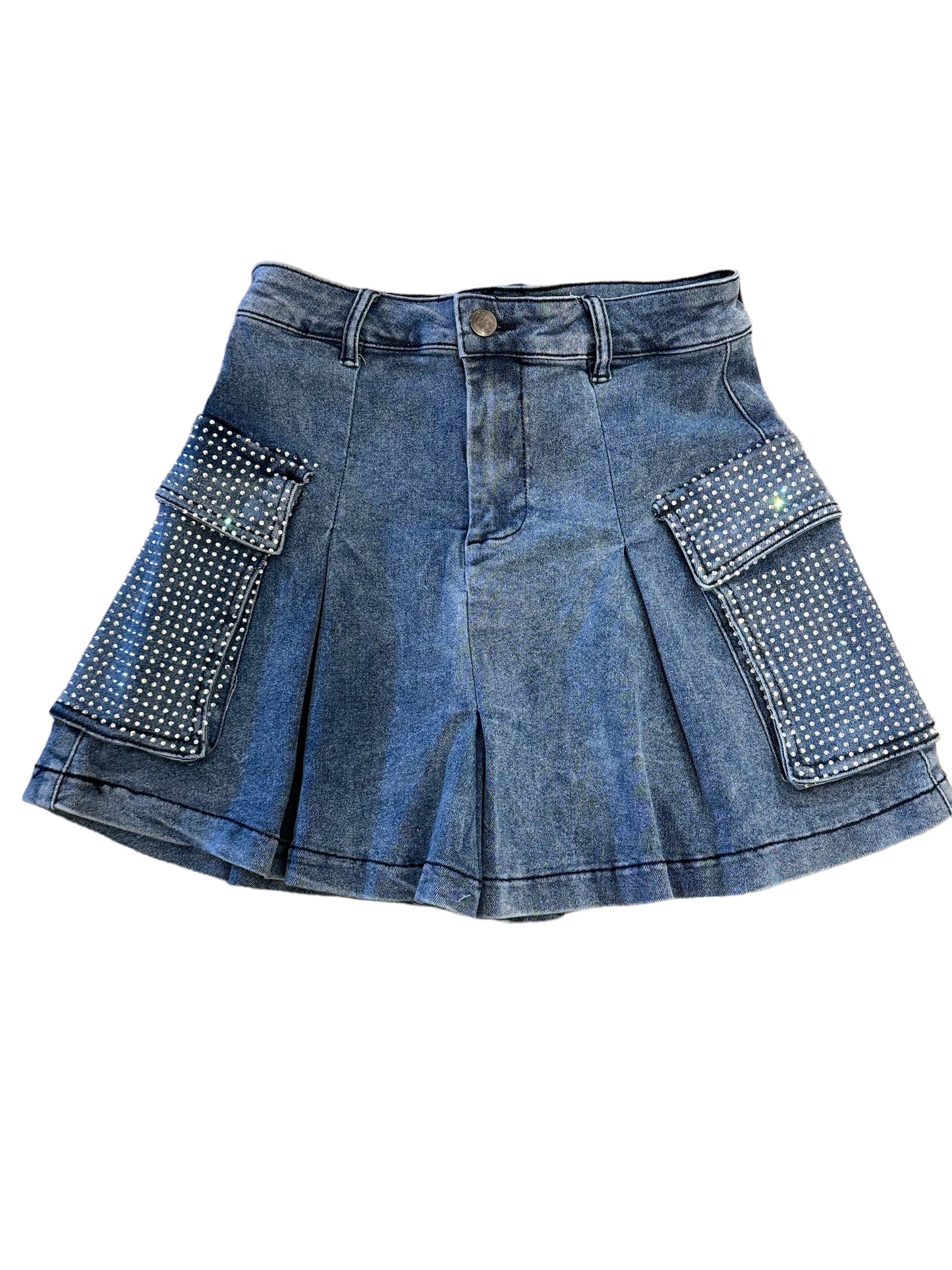 Denim Flare Skirt With Rhinestone Medium Blue