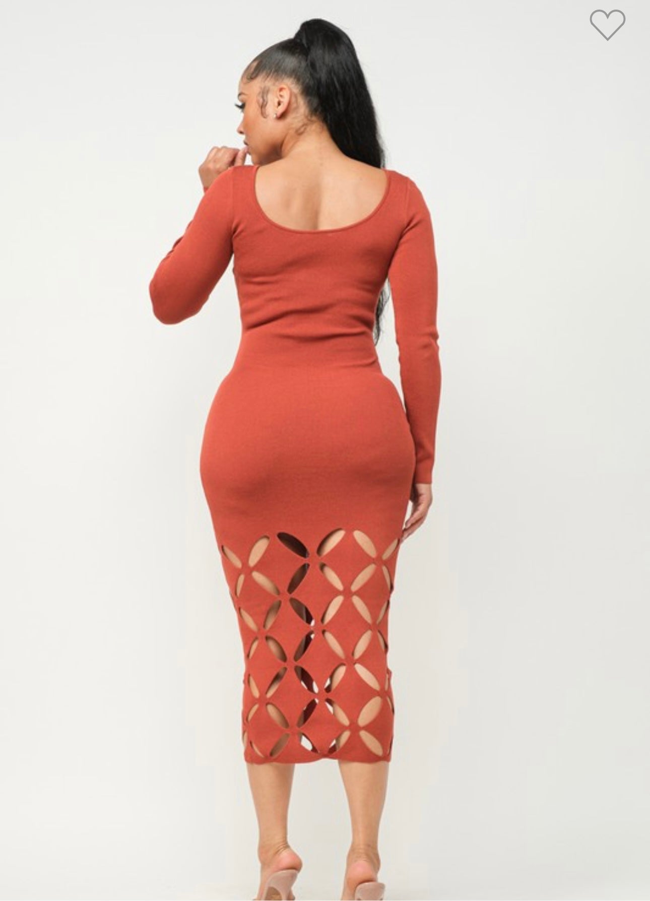 Long Sleeve Diamond Cut Out Midi Dress Rust