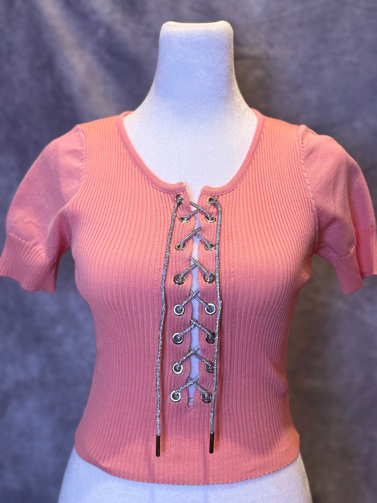 Silver Lace Cropped T-shirt Pink