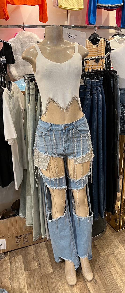 Rhinestone Fringe Denim