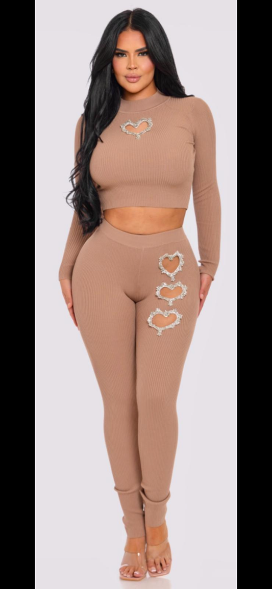 Heart Pants Set Beige