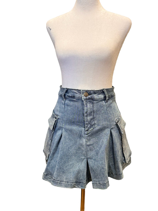 Denim Flare Skirt With Rhinestone Light Blue