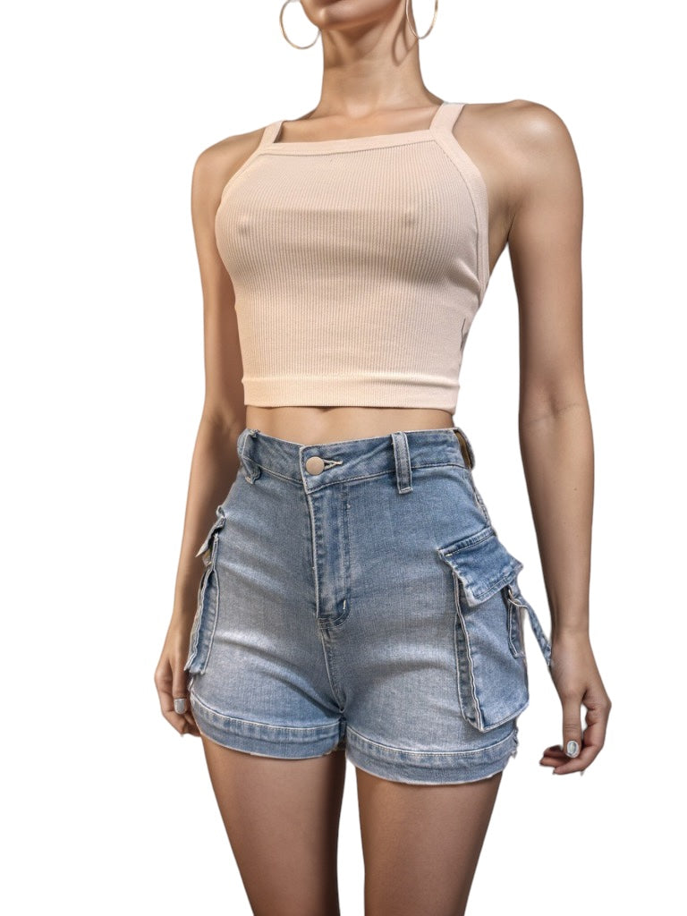 Multi Pocket Loose Jean Shorts Light Blue
