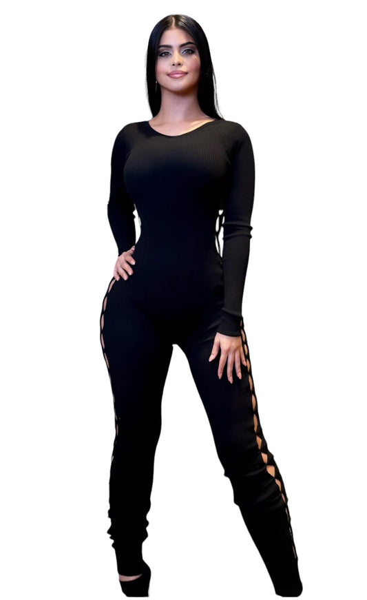 Long Sleeve Trimmed Cat Suit Black
