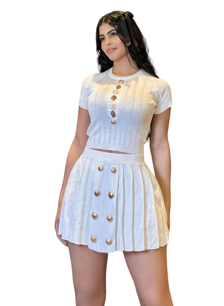 Knitted Button with Skirt 2 piece set White