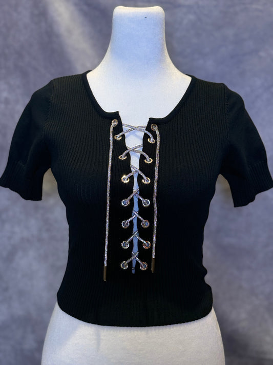 Silver Lace Cropped T-shirt Black