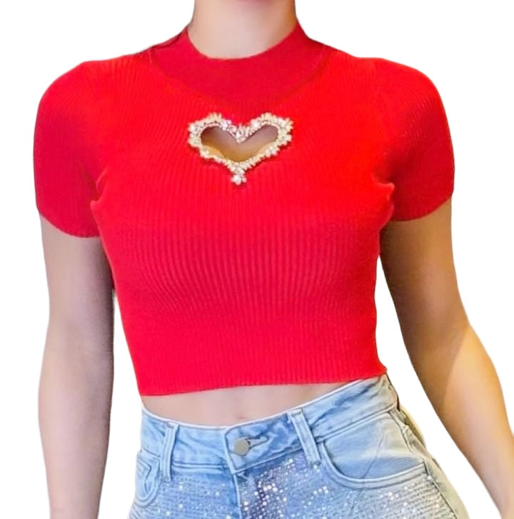Rhinestone Heart Crop Top Red