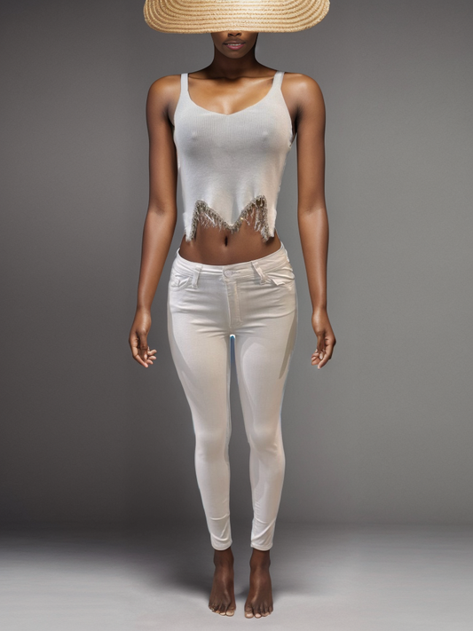 Sexy Ribbed Jewels Tank White
