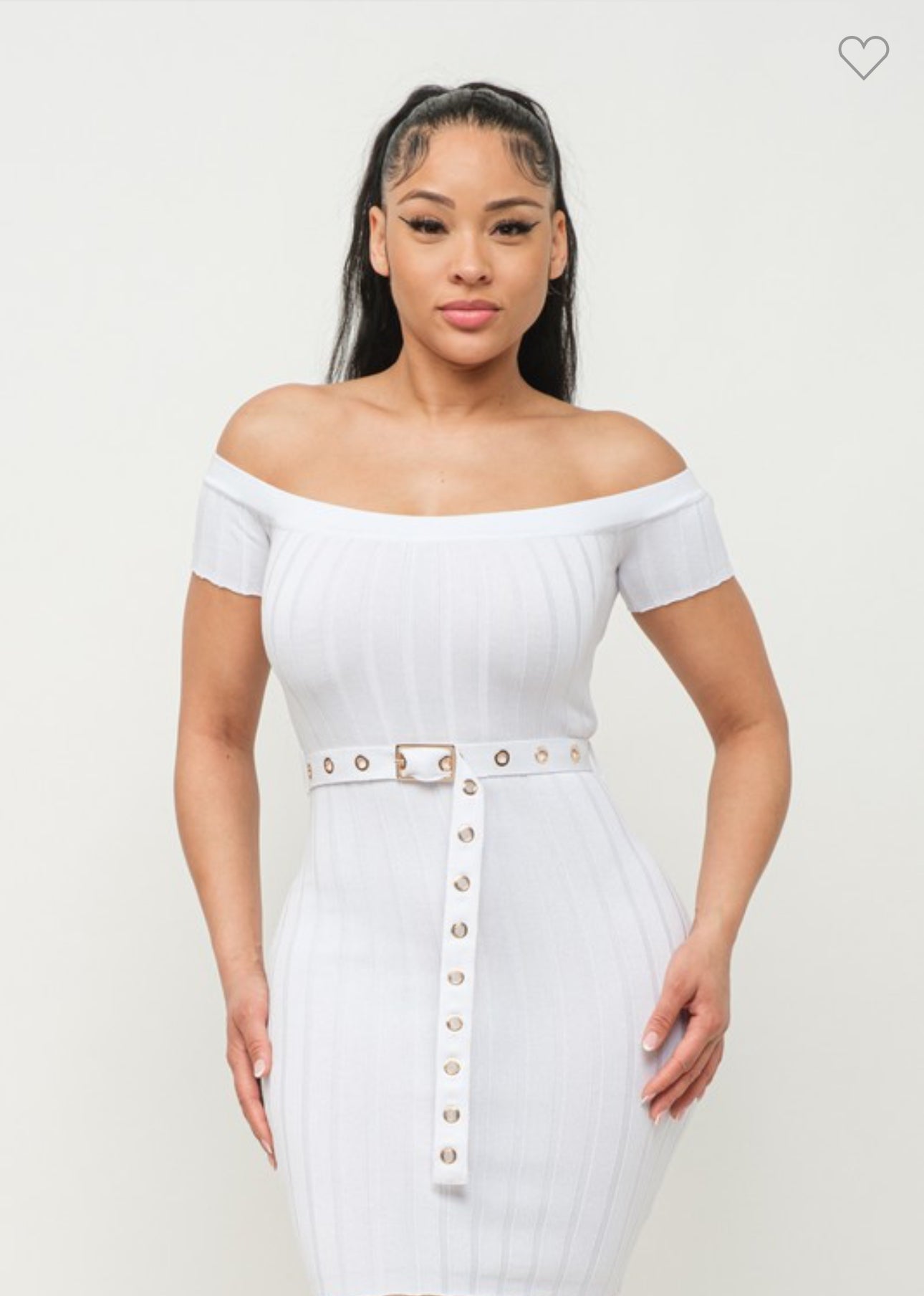 Off Shoulder Ribbed Mini Dress/Belt White