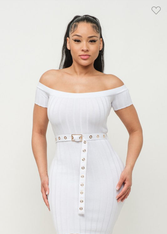 Off Shoulder Ribbed Mini Dress/Belt White