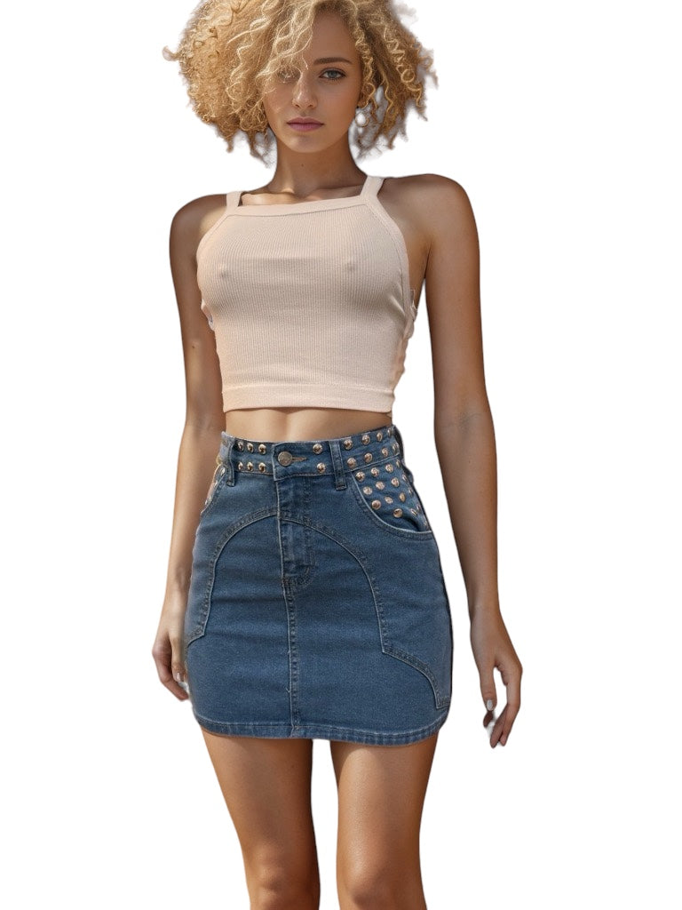 Stretchy Denim Skirt With Rivets Medium Blue