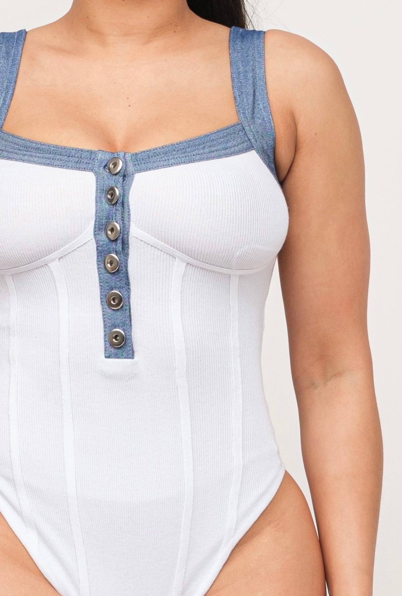 Denim Trim Body-Suit White