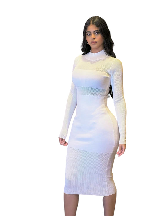 Long Sleeve Pointelle Dress White