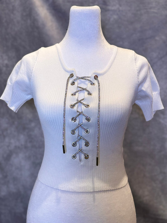 Silver Lace Cropped T-shirt White