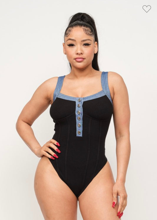 Denim Trim Body-Suit Black