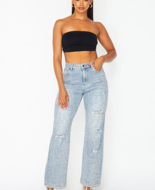 Rinestone ripped wide Bottom Jeans