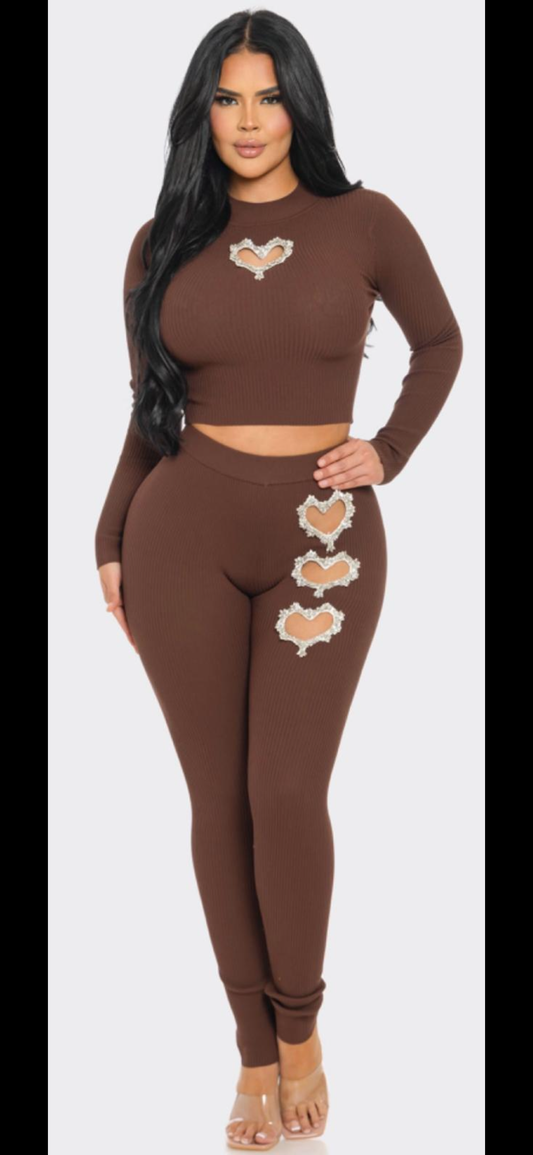 Heart Pants set Brown