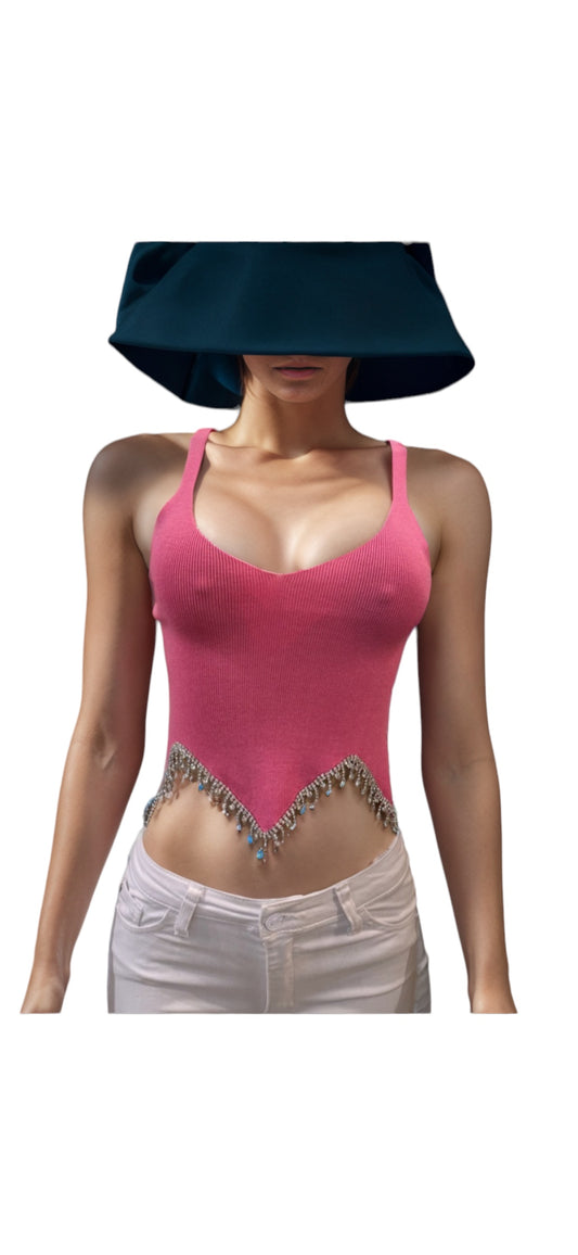 Sexy Ribbed Jewels Tank Pink