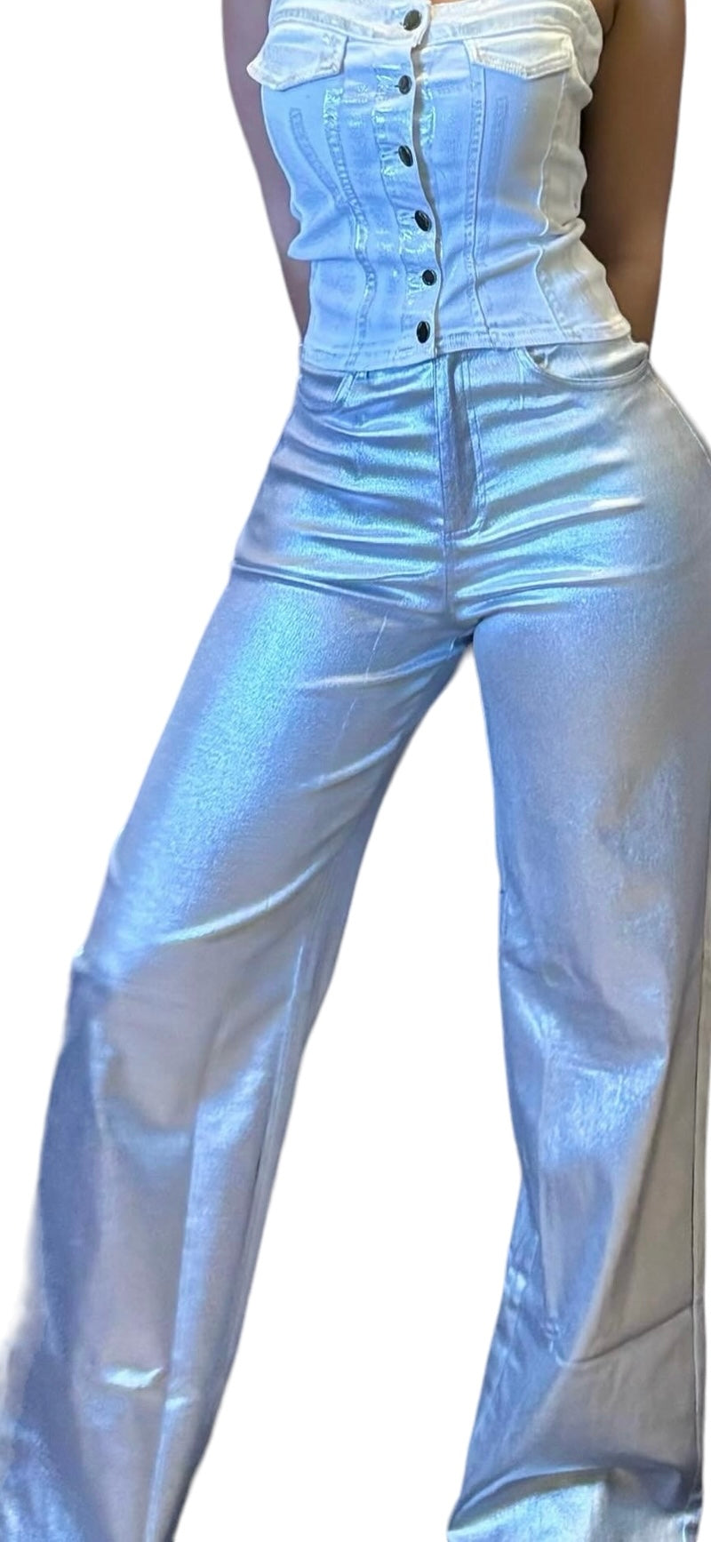 Leather Wide Bottom Pants Silver