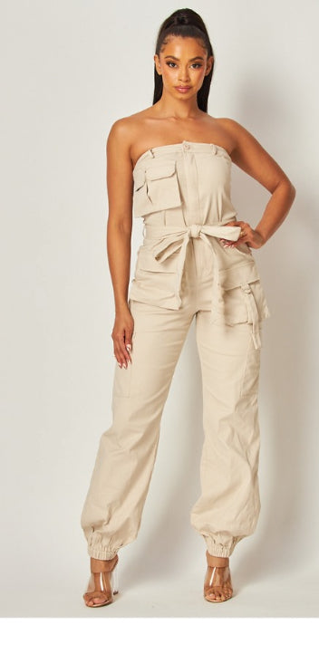 Strapless Cargo Jumpsuit Beige