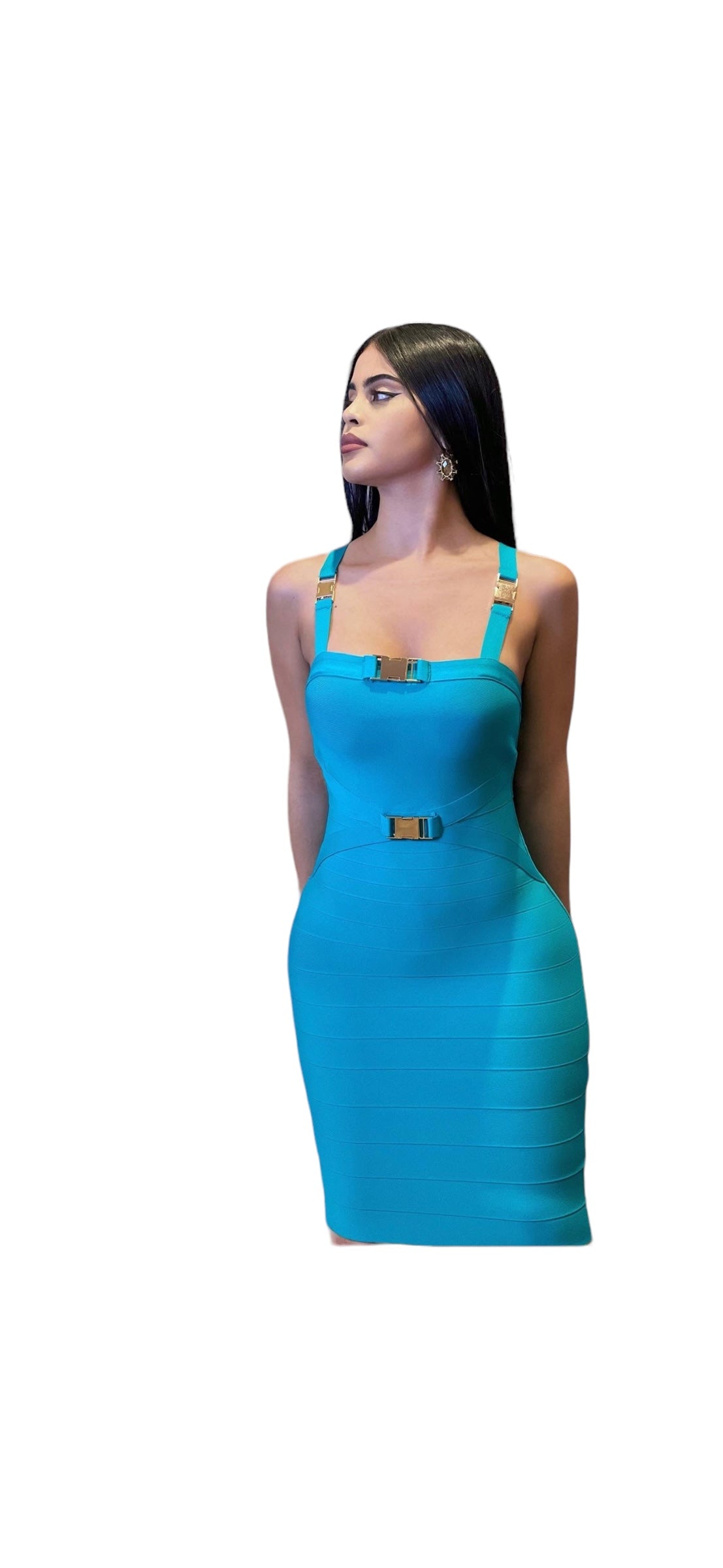 Gold Buckle Bandage Dress Teal