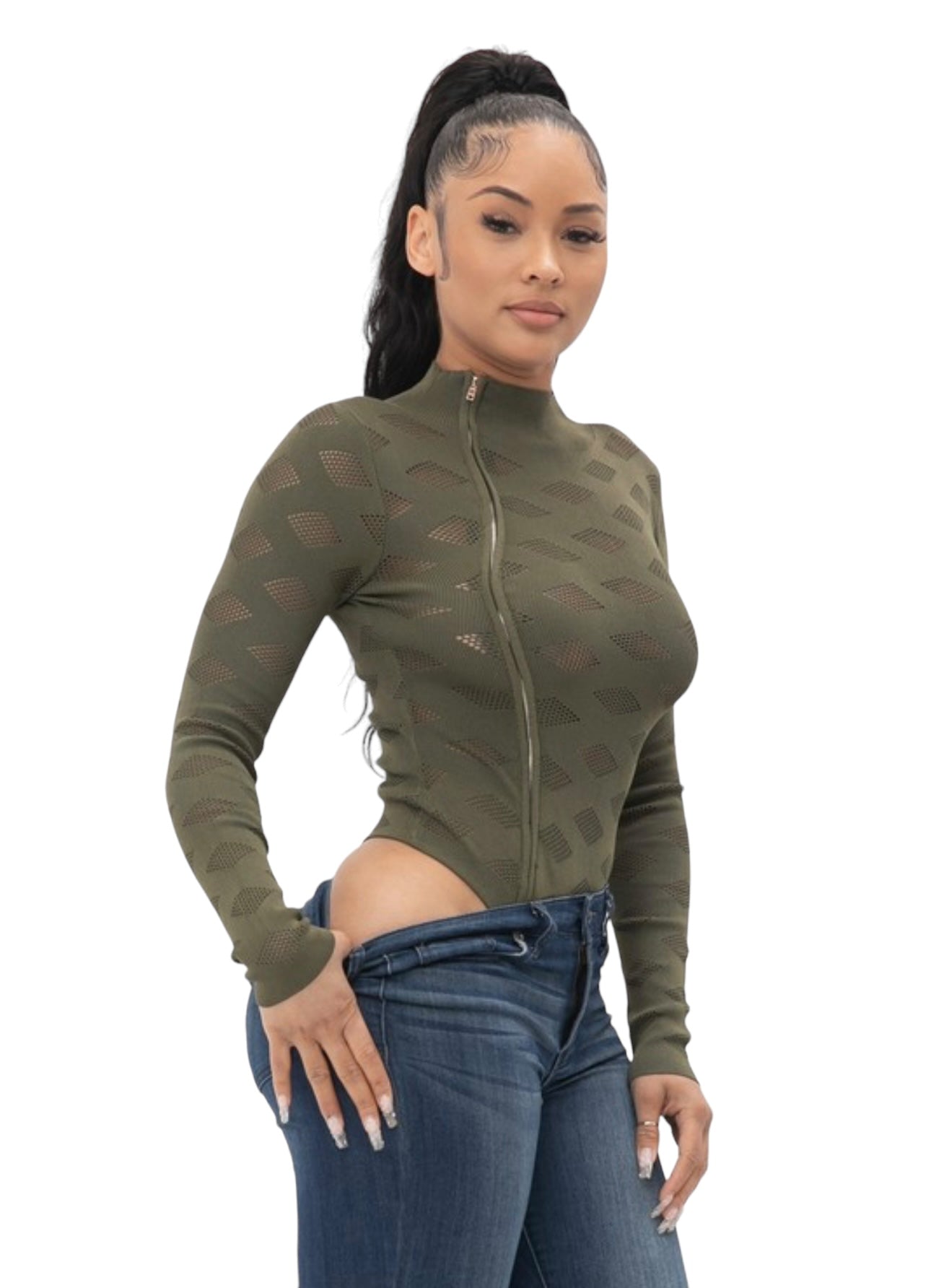 Fishnet Side Zipper Bodysuit Olive